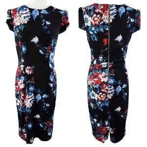 Betsey Johnson Black Floral Short Cap Sleeve Fitted Sheath Dress Romantic